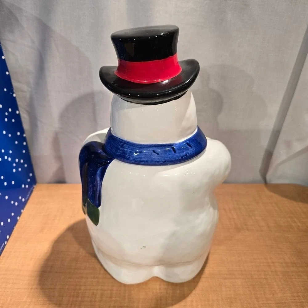 Snowman Cookie Jar‎ Top Hat Blue Scarf Holding Cookies with Original Box